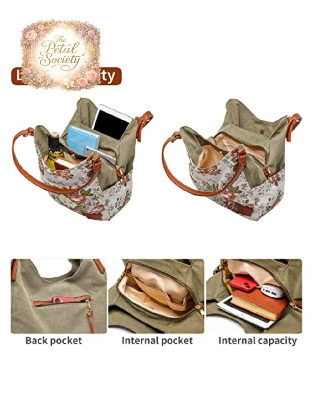 Women Canvas Hobo Purse Multi Pocket Tote Shopper Shoulder Bag with Embroidery